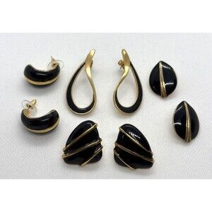 Vintage Lot 4 Pairs Black Gold Tone Pierced Earrings 80s‎ 90s Deco Avon Monet